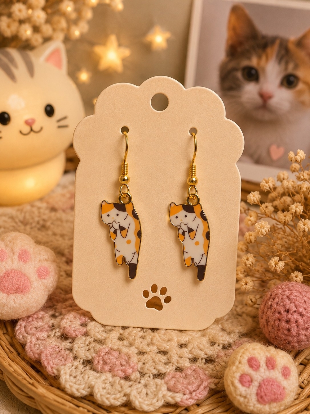 Calico Cat Dangle Earrings - Gold Tone Metal New